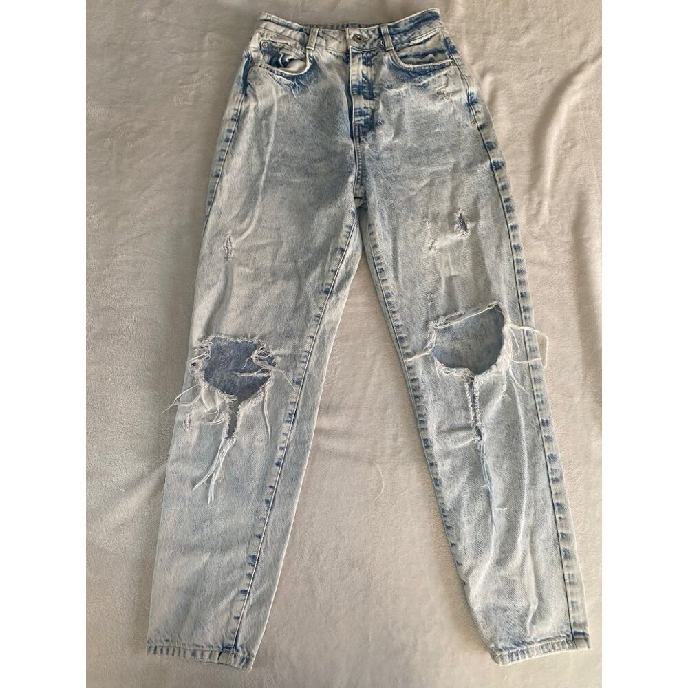 Zara High-Waisted Light Acid Wash Ripped Denim Jeans Sz. 2